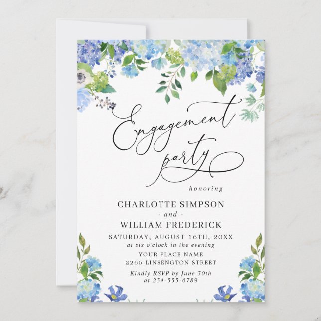 Elegant Blue Hydrangea Watercolor ENGAGEMENT PARTY Invitation (Front)