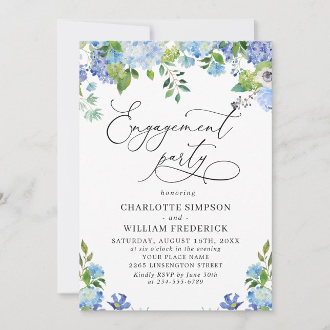 Elegant Blue Hydrangea Watercolor ENGAGEMENT PARTY Invitation (Front)