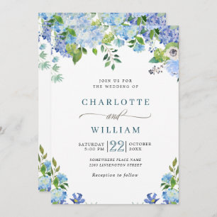 Elegant Blue Hydrangea Watercolor Greenery Wedding Invitation