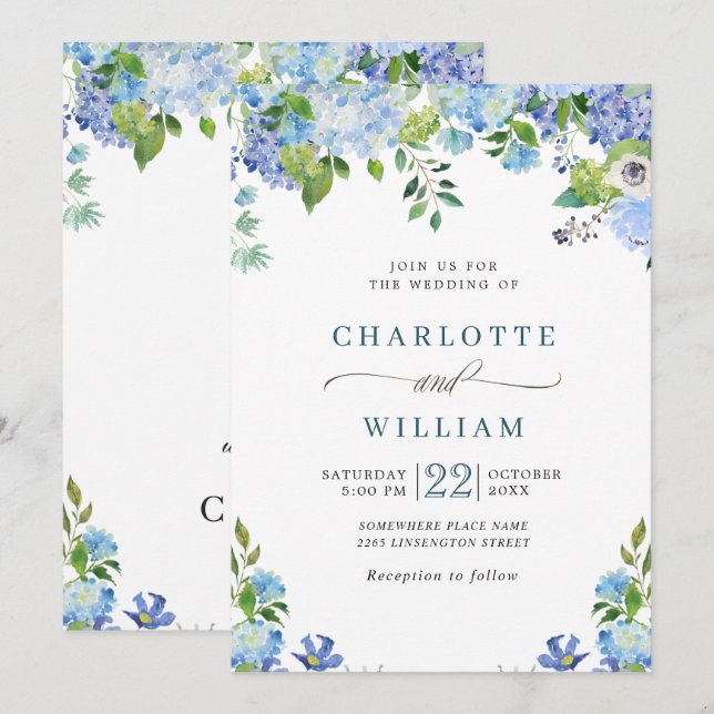 Elegant Blue Hydrangea Watercolor Greenery Wedding Invitation (Front/Back)