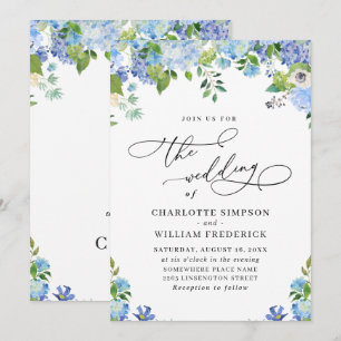 Elegant Blue Hydrangea Watercolor Greenery Wedding Invitation