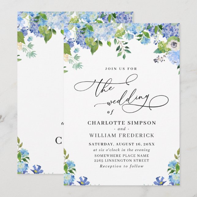 Elegant Blue Hydrangea Watercolor Greenery Wedding Invitation (Front/Back)