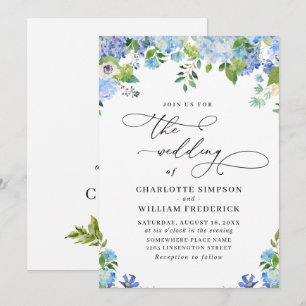 Elegant Blue Hydrangea Watercolor Greenery Wedding Invitation