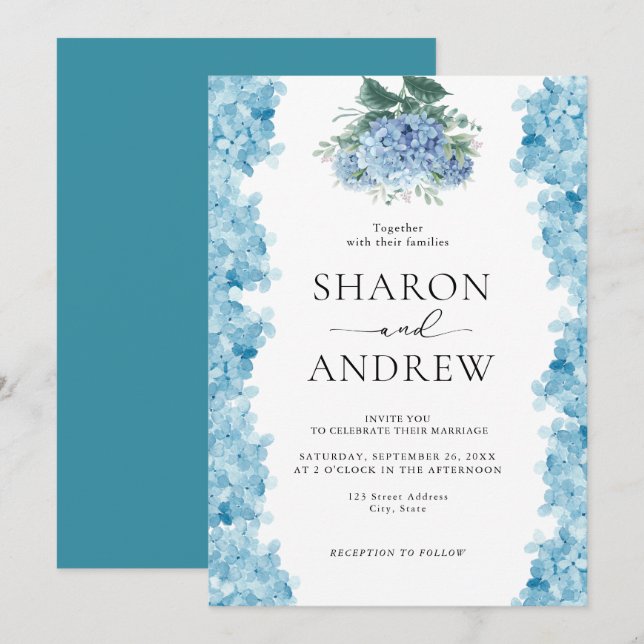 Elegant Blue Hydrangea Watercolor  Invitation (Front/Back)