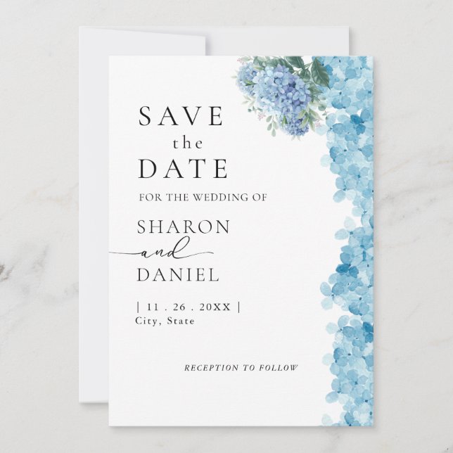 Elegant Blue Hydrangea Watercolor  Save The Date (Front)