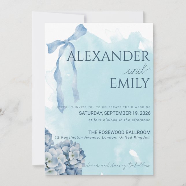 Elegant Blue Hydrangea Watercolor Wedding Invitation (Front)