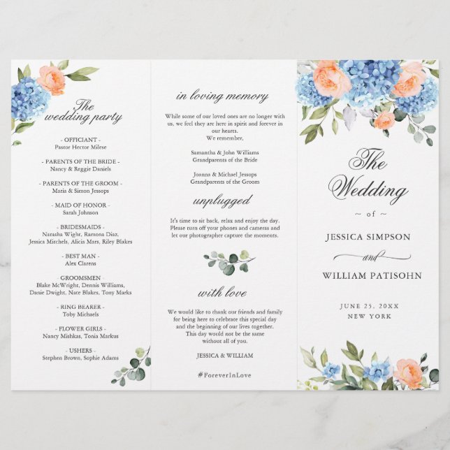 Elegant Blue Hydrangea Wedding Ceremony Program (Front)