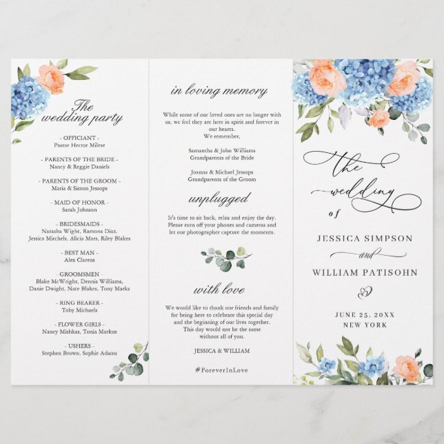 Elegant Blue Hydrangea Wedding Ceremony Program (Front)