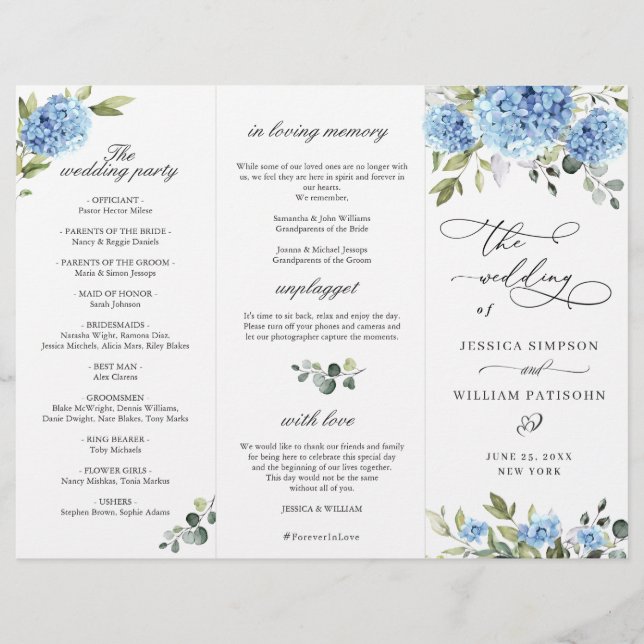 Elegant Blue Hydrangea Wedding Ceremony Program (Front)