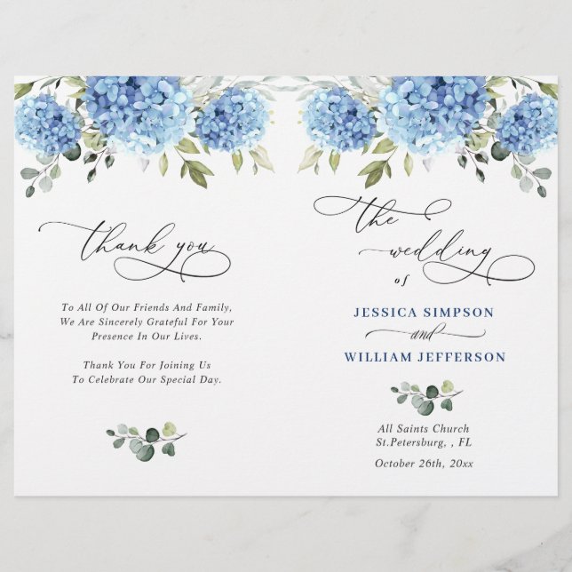 Elegant Blue Hydrangea Wedding Ceremony Program (Front)