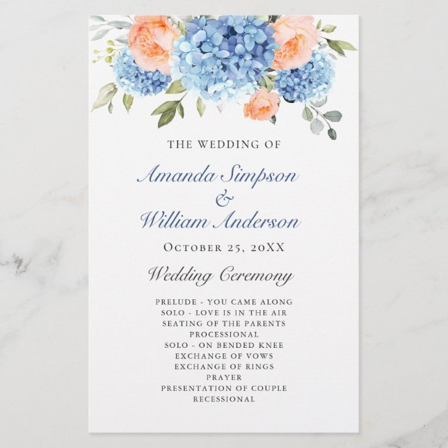 Elegant Blue Hydrangea Wedding Ceremony Program (Front)