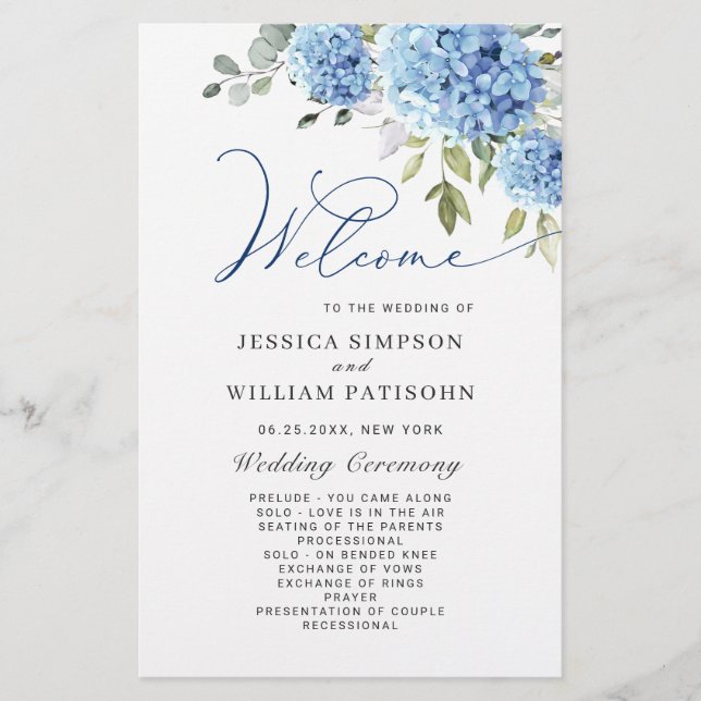Elegant Blue Hydrangea Wedding Ceremony Program (Front)