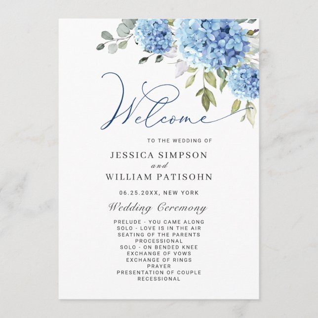 Elegant Blue Hydrangea Wedding Ceremony Program Programme (Front)