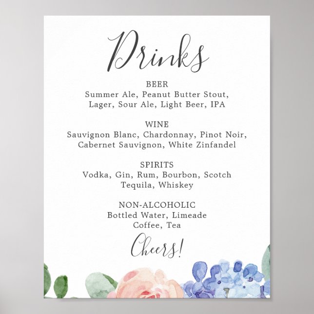 Elegant Blue Hydrangea Wedding Drinks Menu Sign (Front)