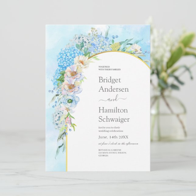 Elegant Blue Hydrangea Wedding Invitation (Standing Front)