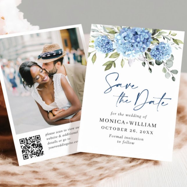 Elegant Blue Hydrangea Wedding QR code Photo Save The Date (Creator Uploaded)