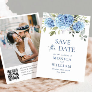 Elegant Blue Hydrangea Wedding QR code Photo Save The Date