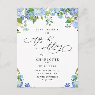 Elegant Blue Hydrangea Wedding QR Save the Date Postcard