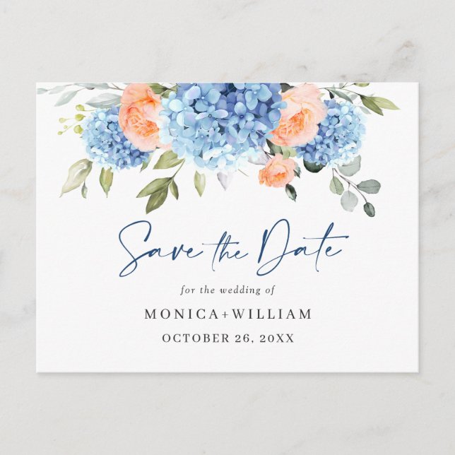 Elegant Blue Hydrangea Wedding Save the Date Postcard (Front)