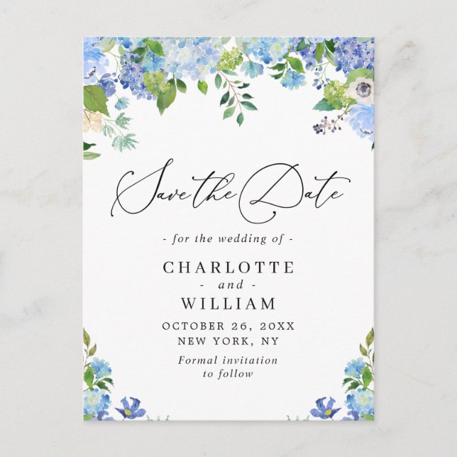 Elegant Blue Hydrangea Wedding Save the Date Postcard (Front)