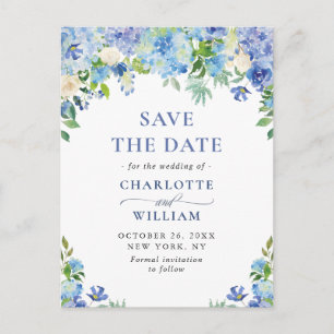 Elegant Blue Hydrangea Wedding Save The Date Postcard