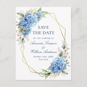 Elegant Blue Hydrangea Wedding Save the Date Postcard