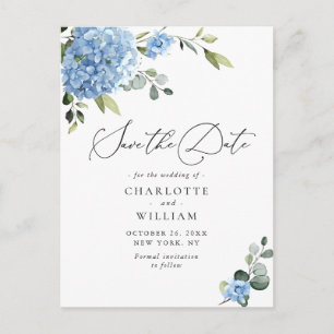 Elegant Blue Hydrangea Wedding Save the Date Postcard