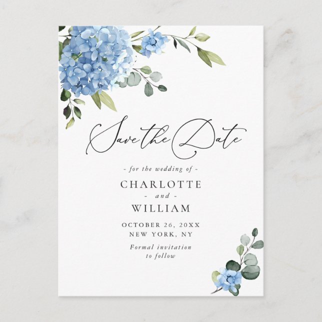 Elegant Blue Hydrangea Wedding Save the Date Postcard (Front)