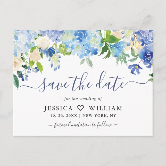 Elegant Blue Hydrangea Wedding Save The Date Postcard (Front)