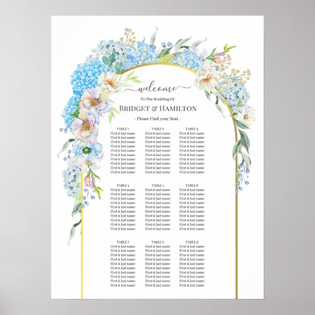 Elegant Blue Hydrangea Wedding Seating Chart (Front)