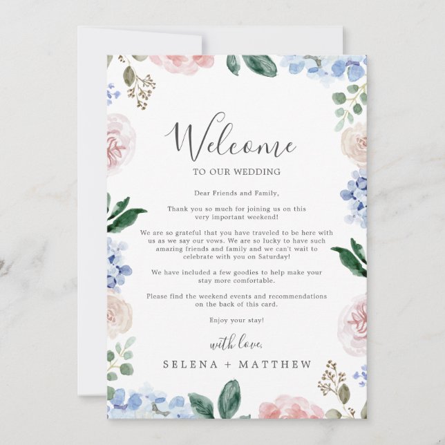 Elegant Blue Hydrangea Welcome Letter & Itinerary (Front)