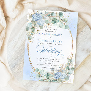 Elegant Blue Hydrangea Wheat Gold Oval Wedding   Invitation