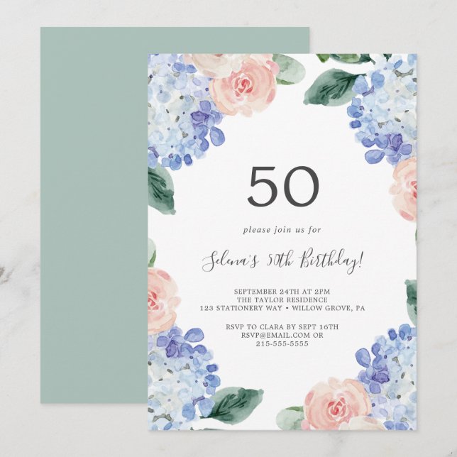 Elegant Blue Hydrangea | White 50th Birthday Party Invitation (Front/Back)