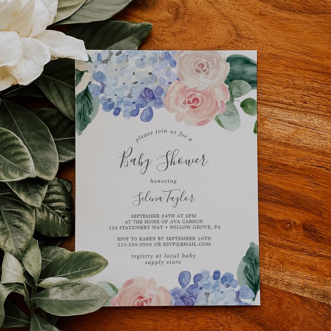 Elegant Blue Hydrangea | White Baby Shower Invitation (Creator Uploaded)