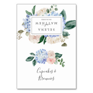 Elegant Blue Hydrangea   White Buffet Food Labels Table Number