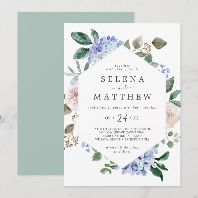 Elegant Blue Hydrangea | White Casual Wedding Invitation (Front/Back)