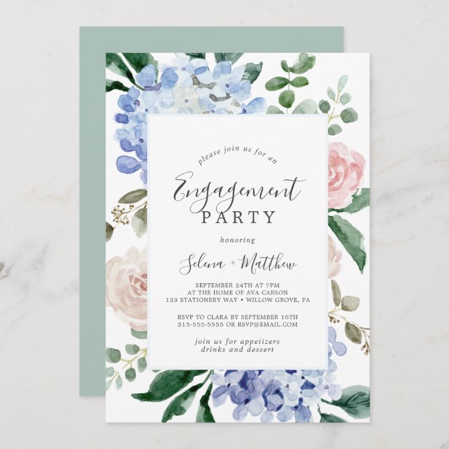 Elegant Blue Hydrangea | White Engagement Party Invitation (Front/Back)