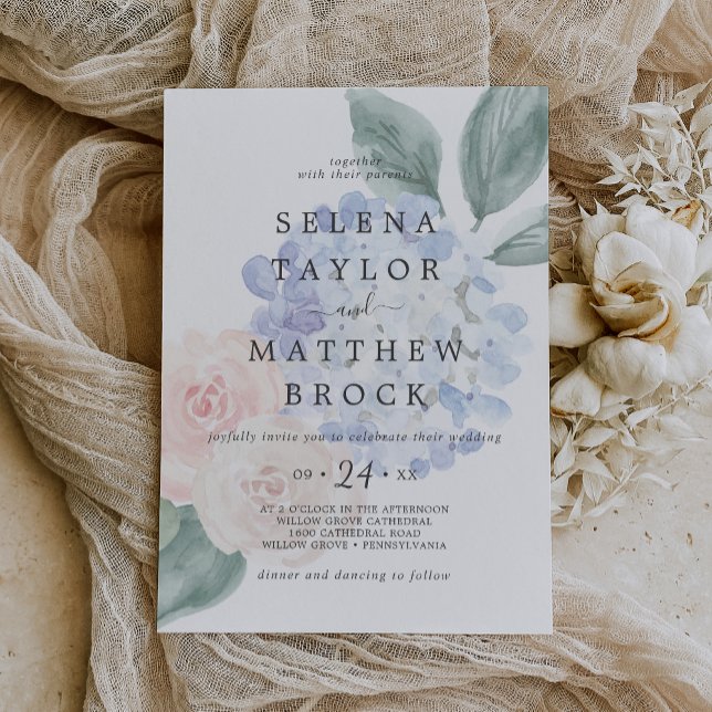 Elegant Blue Hydrangea White Faded Floral Wedding Invitation (Creator Uploaded)