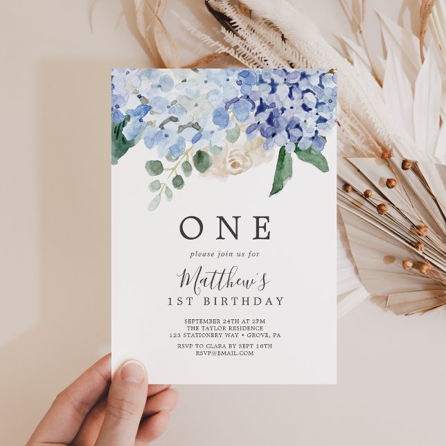 Elegant Blue Hydrangea White First Birthday Party Invitation (Creator Uploaded)