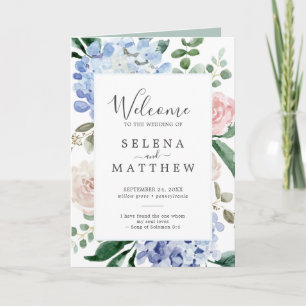 Elegant Blue Hydrangea   White Folded Wedding Programme