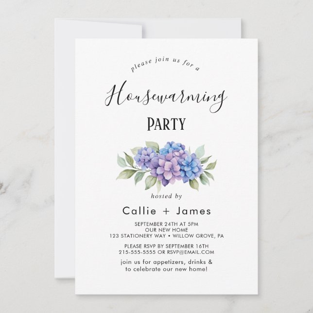 Elegant Blue Hydrangea | White Housewarming  Invitation (Front)