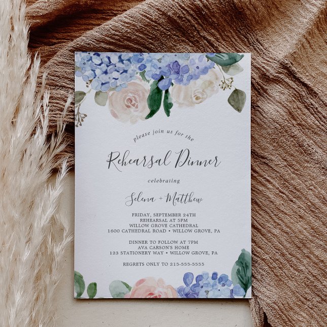 Elegant Blue Hydrangea | White Rehearsal Dinner Invitation (Creator Uploaded)