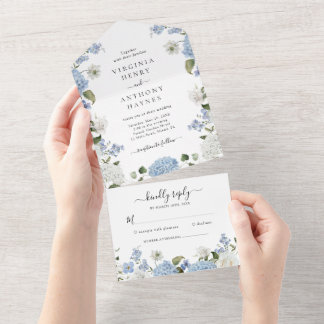 Elegant Blue Hydrangea White Roses Floral Wedding All In One Invitation