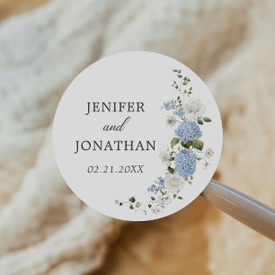 Elegant Blue Hydrangea White Roses Floral Wedding Classic Round Sticker