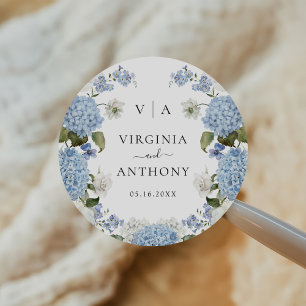 Elegant Blue Hydrangea White Roses Floral Wedding Classic Round Sticker