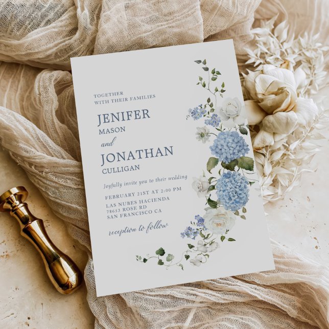 Elegant Blue Hydrangea White Roses Floral Wedding Invitation (Creator Uploaded)
