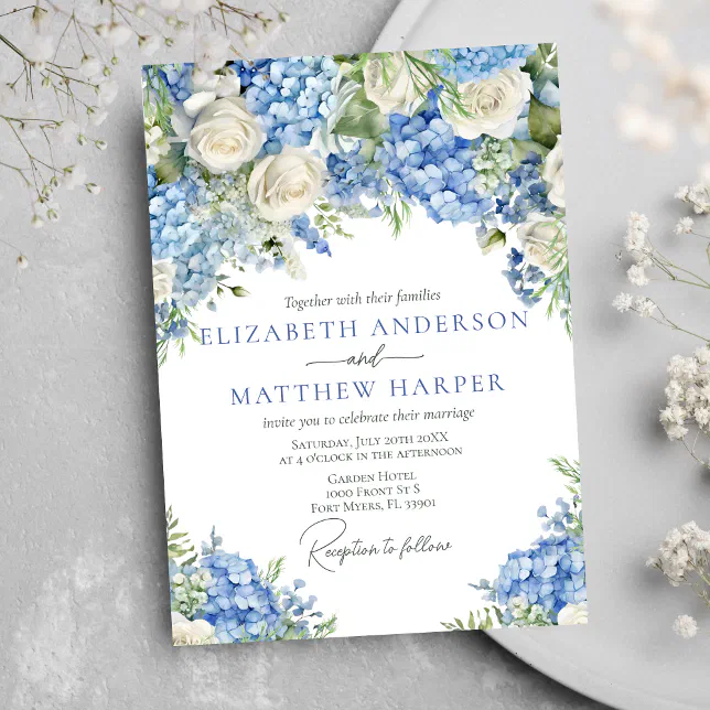 Elegant Blue Hydrangea White Roses Floral Wedding Invitation | Zazzle