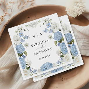 Elegant Blue Hydrangea White Roses Floral Wedding Napkin