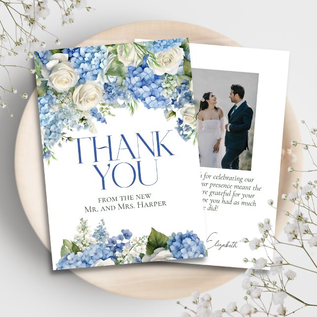Elegant Blue Hydrangea White Roses Floral Wedding Thank You Card (Creator Uploaded)