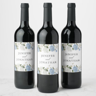 Elegant Blue Hydrangea White Roses Floral Wedding Wine Label